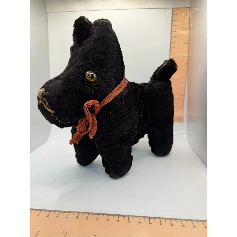 Antique Mohair Scottish Terrier Plush Black Scottie Dog Glass Eyes Vintage 10in